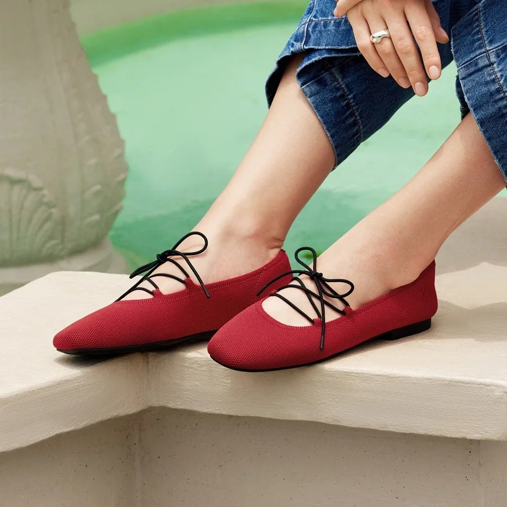 NEW Vivaia Ruby Red Square-Toe Lace Up Mary Janes Miley Flats Knit Size 39